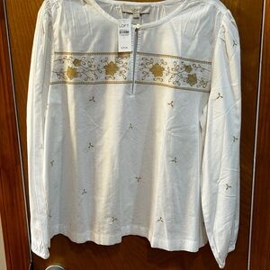 LOFT White and Tan Embroidered Blouse